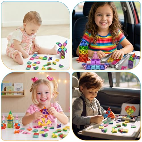 Euakee Magnetic Tiles, Travel Magnetic Building Blocks Set, Mini Magnetic Tiles, Building Toys with Iron Box for Boys and Girls, Montessori Toy (A)