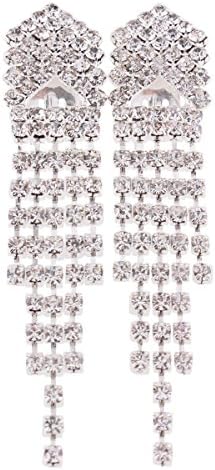 Bridal Silver Crystal 5 Strand Long Tassel Clip on Earrings for Women Fashion Dangle Earrings