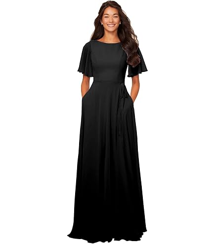 Mollyevers Black Bridesmaid Dresses for Women Long Chiffon Fall Formal Evening Gowns with Sleeves Size 0 : Clothing, Shoes & Jewelry