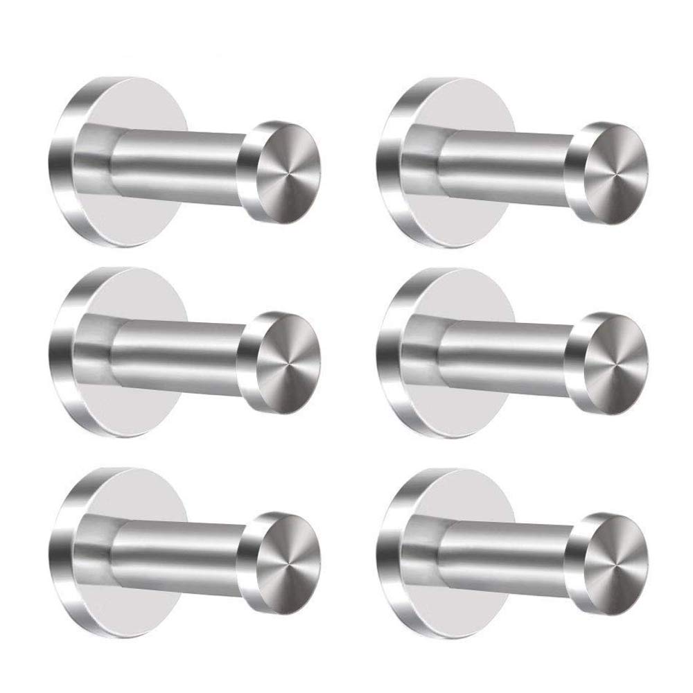 KINDPMA Robe Hook 6pcs 304 Stainless Steel Coat Hooks Wall-Mount Door Hooks Chrome Cylinder Towel Hook Heavy Duty Brushed Nickel Dressing Gown Hooks for Doors Bathroom Lavatory Closets(2inch/5cm)