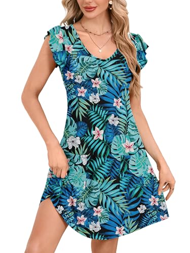 DEARCASE Summer Ruffle Sleeve Floral Mini Dress,Tropical Leaves,Medium at Amazon