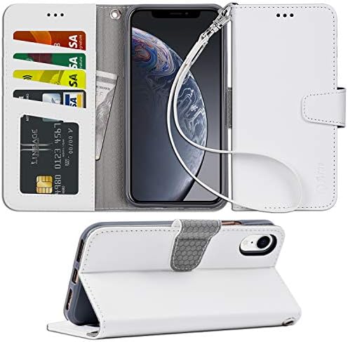 Arae Wallet Case for iPhone xr 2018 PU Leather flip case Cover [Stand Feature] with Wrist Strap and [4-Slots] ID&Credit Cards Pocket for iPhone Xr 6.1 inch (xr 6.1 White)