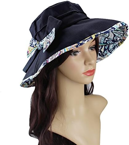 Womens Sun Hat Beach Summer Flap Cover Cap Cotton Anti-UV UPF 50+ Sun Shade Hat With Bow Wide Brim Chain Strap Adjustable Hat