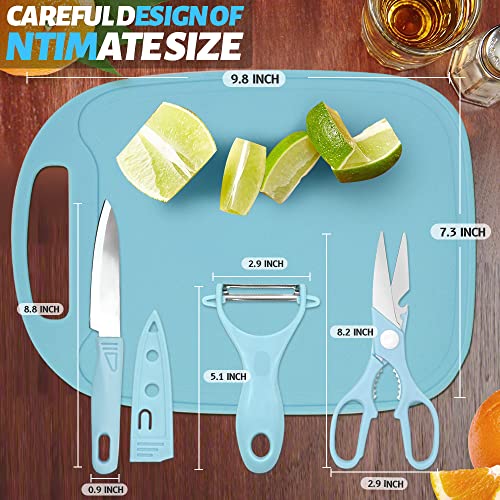 shijie Mini Travel Cutting Board Set, 4 Pcs Mini Camping Plastic Cutting Board & Knife, Fruits & Vegetable Peeler Scissors, Portable Stainless Steel Picnic Small Cutting Board Set (Blue) (4-1CB)