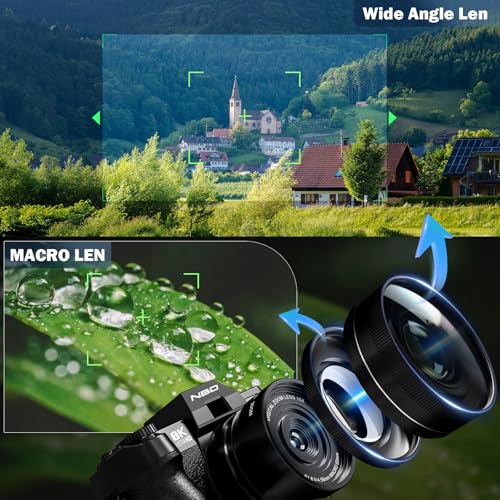 NBD 8K 64MP Digital Camera with Autofocus & 16X Zoom, Wi-Fi & App Control, Anti-Shake, 180° Flip Screen, Webcam Function, Includes Macro & Wide-Angle Lenses, 64GB TF Card & 2 Batteries (Black)