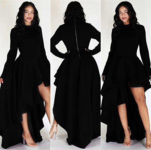 Long Sleeve Swing Dress,Women Solid Irregular Ruffle High Low Hem Maxi Dresses (L, Black)