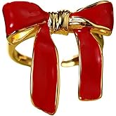 Izpack Red Bow Knot Statement Open Ring for Women - Gold Plated Enamel Ribbon Bowknot Adjustable Rings Wedding Anniversary Comfort Fit Thumb Finger Bands Cute Christmas Birthday Jewelry