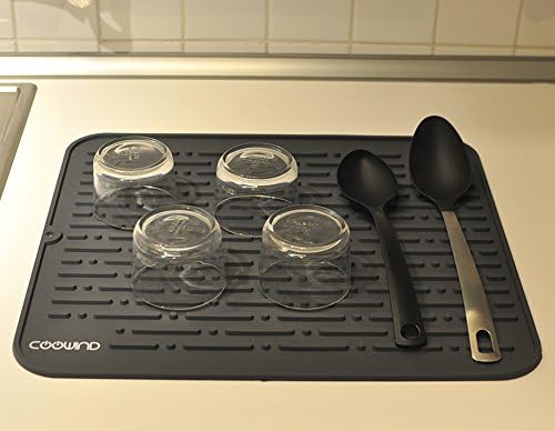 Silicone Dish Drying Mat By COOWIND- with Bonus Pot Trivet and S Hook-Extra Large 17.8" x 15.8'' (Gray)