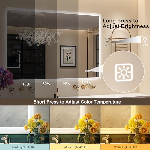 STARLEAD 100 x 70 cm Mirror-LED-Bathroom-with-Lighting, Dimmable, 3 Light Colours, Anti-fog, Memory, IP44 Tempered Glass HD Wall Mirror, Horizontal/Vertical