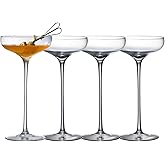 Cocktail Geek Crystal Cocktail Coupe Glasses, Long Stem, Hand Blown, 8 oz, Set of 4, Clear