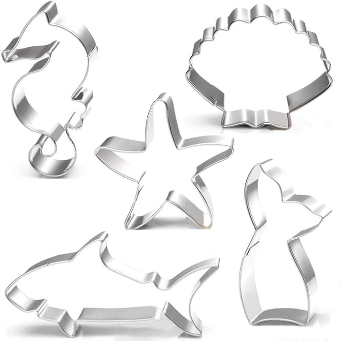Mermaid Cookie Cutter Set - 5 Pcs - Mermaid Tail,Shark,Seahorse,Starfish and Seashell cookie cutters Molds for Kids Birthday Party and Mermaid Theme Party Supplies Decoration Handmade Cookie