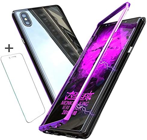 MiniGreen iPhone XS Max Full Body Protective Case with Magnetic Adsorption Aluminum Alloy Frame Clear Tempered Glass Panel Cover for iPhone XS Max 6.5 inch-Purple/Black+Tempered Glass Screen Protector