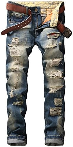 TMBSE Men's Flat Front Tapered Broken Torn Jeans (W36(US 33), Retro Blue)