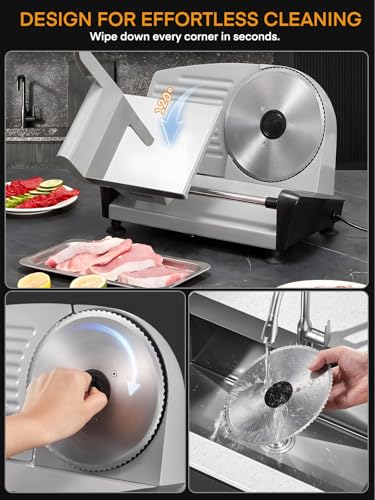 FOHERE Cortadora de Fiambre 250W, Cortadora de Carne y Pan con Cuchillas Serradas y Lisas de 19cm, Espesor Ajustable 0–15mm, Bloqueo de Seguridad, Pies Antideslizantes, Fácil de Limpiar