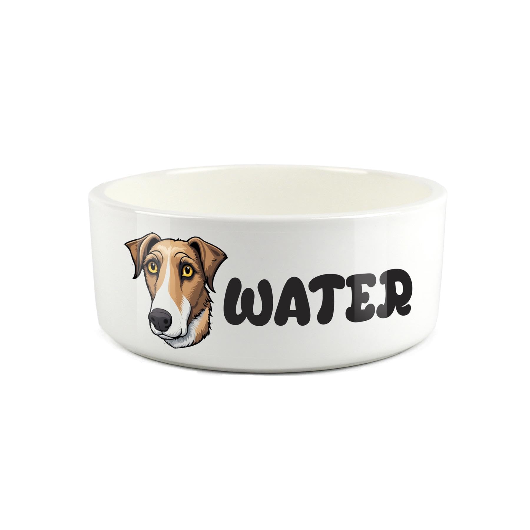 Lurcher Pet Bowl - Cartoon Dog Portrait Large Ceramic Water Bowl - Novelty White Water Dish For Dogs