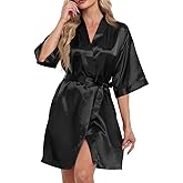 Women's Short Robe Silky Satin Pure Color Bathrobe Bridesmaid Bride Party Kimono V-Neck Sleepwear with Pockets