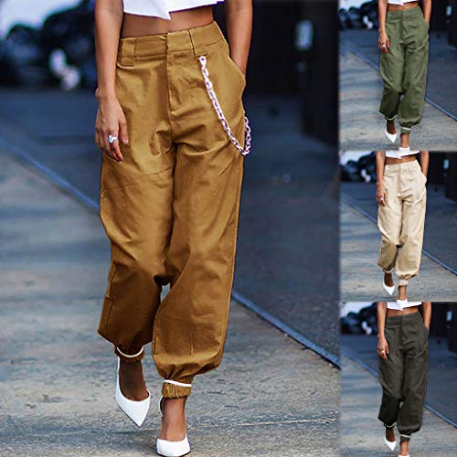 MILIMIEYIK Women's Casual Loose Paper Bag Waist Long Pants Trousers Shorts with Pockets Khaki - Thumbnail 5