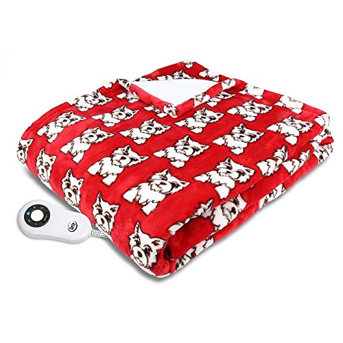 Serta Shiny Sherpa Electric Heated Warming Throw Blanket Dogs Red 50