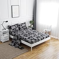 SDIII 3PC Black and Cream Skull Bed Sheets Microfiber Twin Skeleton Bedding Sheet Sets with Flat Sheet, Fitted Sheet and Pillowcase