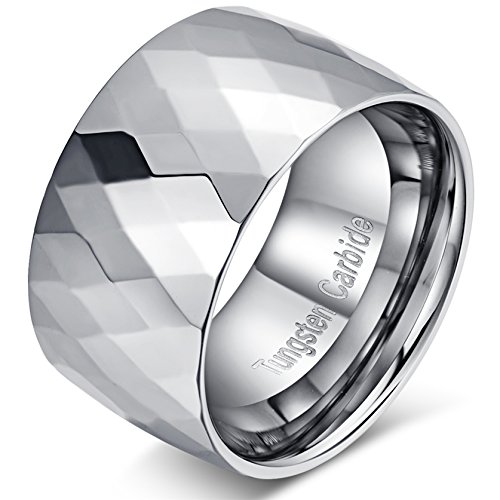 High Polished Silvery Multi-Faceted Tungsten Carbide Wedding Engagement Band Ring for mens Sizes 8 to 14