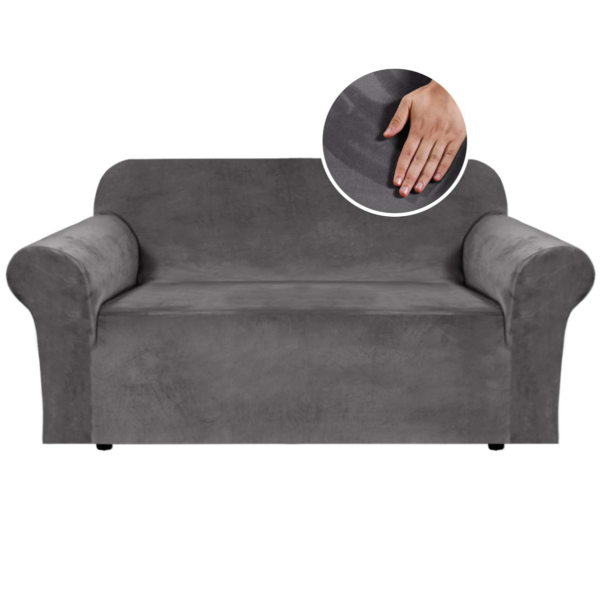 BellaHills Stretch Velvet Sofa Covers for 2 Cushion Couch Covers Sofa Slipcovers with Non Slip Straps Underneath The Furniture, Crafted from Thick Comfy Rich Velour (2 Seater, Grey)