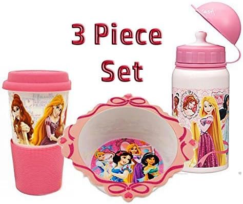 Princess 3 Piece, Bowl, Sturdy Aluminum Water Bottle, 10 Ounce Travel Mug for Hot and Cold Beverages Featuring Cinderella, Snow White, Rapunzel, Jasmine, Aurora and Tiana.