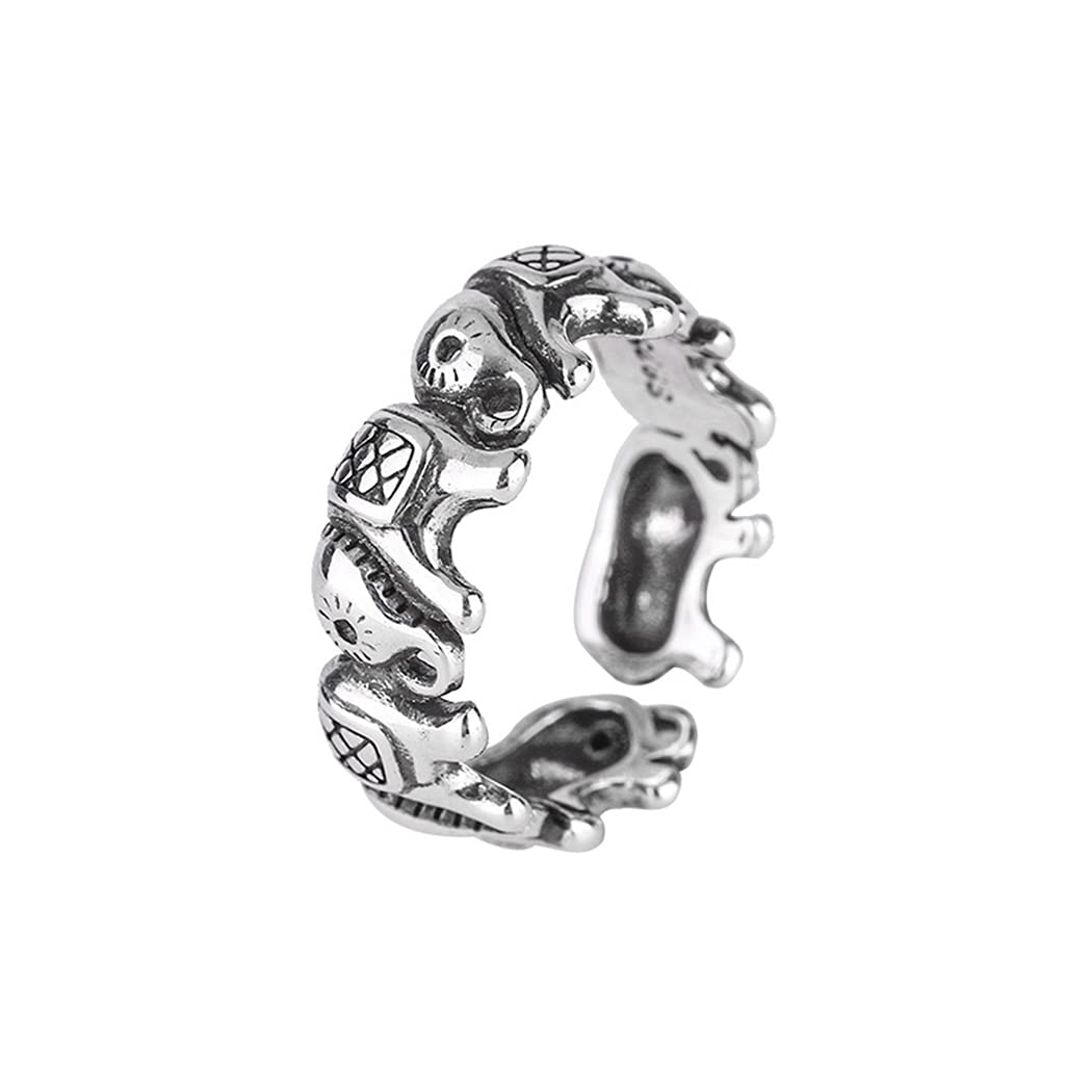 Creative Retro 925 Sterling Silver Elephant Ring for Women Ethnic Style Adjustable Opening Silver No Gemstone, Silver, No gemstones