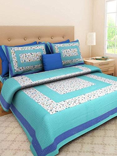 Monik Handicrafts Cotton Jaipuri King Size Double Bedsheet with 2 Pillow Cover (Turquoise)