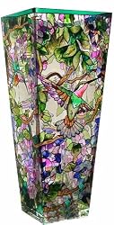 Amia 10-Inch Tall Hand-Painted Glass Vase Featuring Hummingbirds and Wisterias