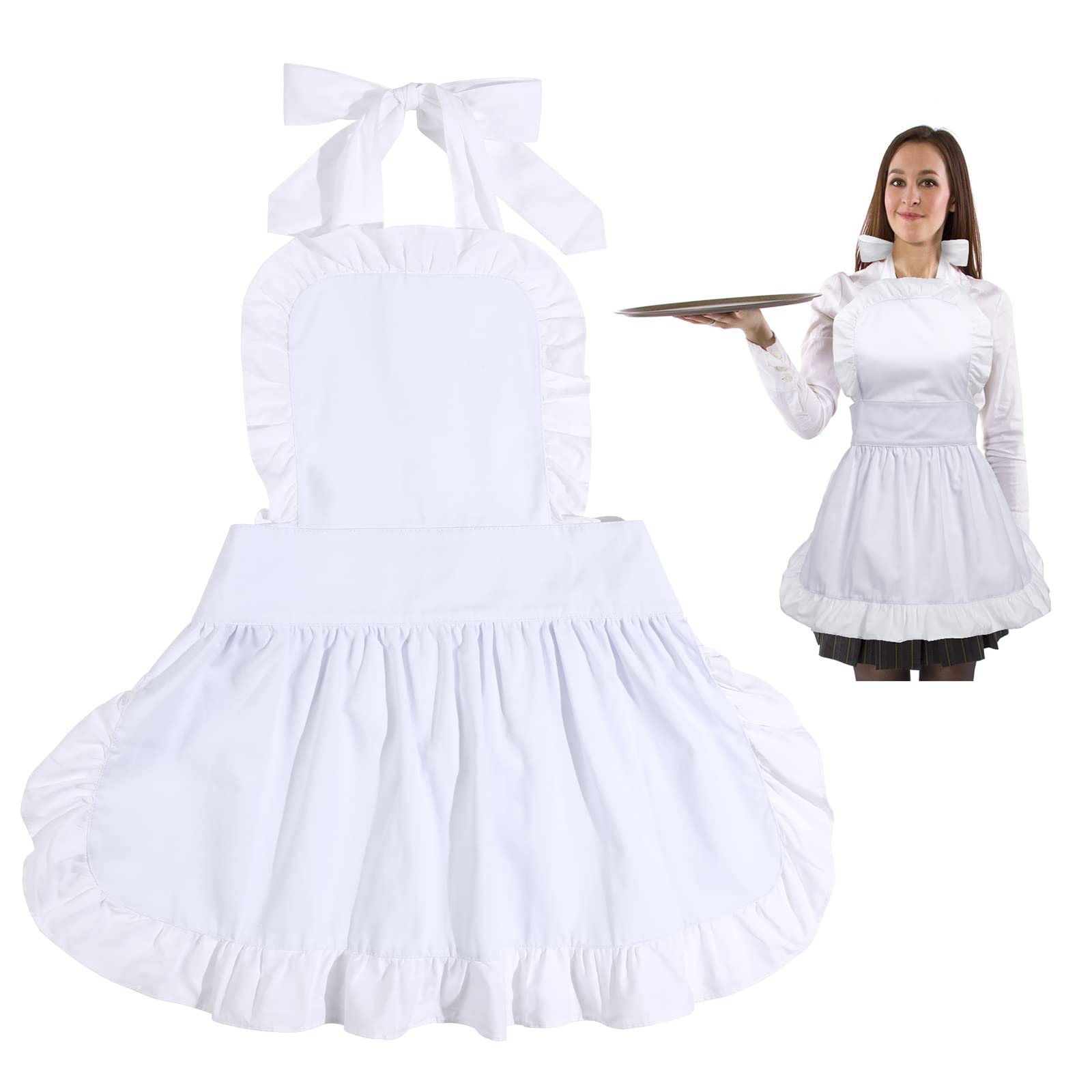 Cabilock Adjustable Ruffle Apron White Waitress Apron Adult Cosplay Maid Victorian Costume, Kitchen Baking Cleaning Cooking for Hotel Bar Restaurant