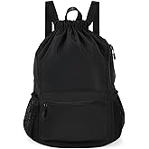 Valleycomfy Waterproof Drawstring Gym Backpack Bag for Men & Women,Sports Gym Bag with Side Pocket Black