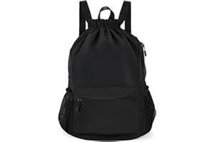 Valleycomfy Waterproof Drawstring Gym Backpack Bag for Men & Women,Sports Gym Bag with Side Pocket Black