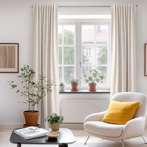 DEFYNEE 100% Blackout Curtains with Concealed Tabs, Linen Look Set of 2 Opaque Curtains Rod Pocket for Bedroom or Living Room - H245 x W140 cm, Cream