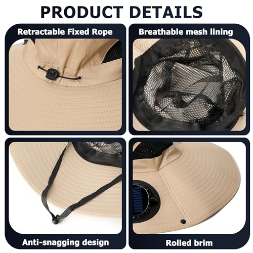 Solar Fan Sun Hat for Men Wide Brim Hat Outdoor Sun Cap with 2 Solar Fan Fishing Hat, UPF 50+, Removable & USB Charging