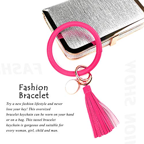 Leather Bracelet Key Ring Bangle Keyring, Tassel Ring Circle Key Ring Keychain Wristlet for Women Girls - Free Your Hands (Rose Red)