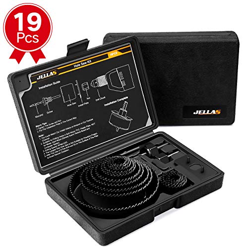 Hole Saw Kit, JELLAS 19Pcs Upgraded Hole Drill Cutter Set in Hard Box, 2 Mandrels, 1 Installation Plate, 1 Hex Key, Durable and Cut Precise Holes for Soft Wood, Drywall, PVC Board and Plastic