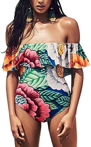 Summer Bay Women's Off the Shoulder Frill Geometric Striped One Piece Bathing Suit Bikini