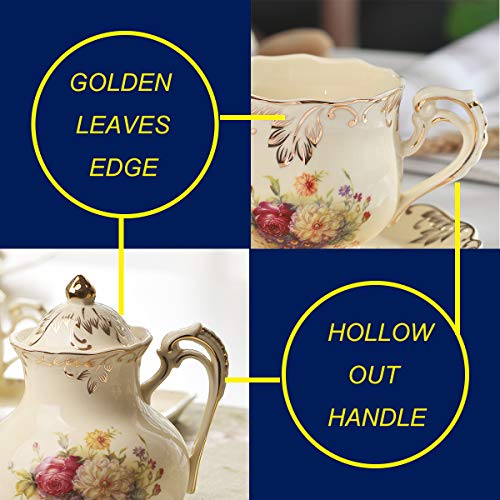 YOLIFE Flowering Shrubs Ivory Ceramic Tea Set,Porcelain Tea Cups Set,Tea Party Service Set for Adults