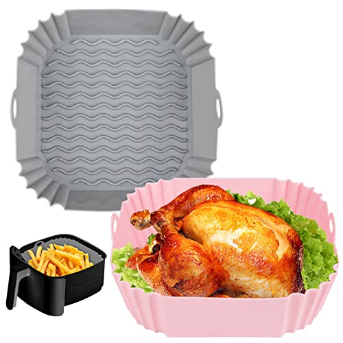 Boribim 2 PCS Square Silicone Air Fryer Liners - 8 Inch Air Fryer Reusable Liners - Air Fryer Accessories - AirFryer Inserts for 4 to 7 QT Oven Microwave Accessories (Grey + Pink)