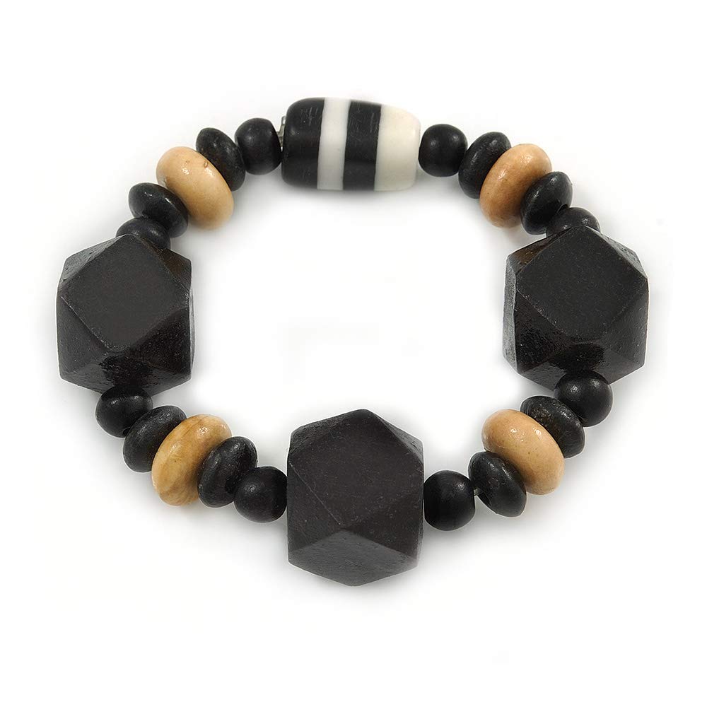 Avalaya Black, Natural Wood and Resin Bead Stretch Bracelet - 18cm L