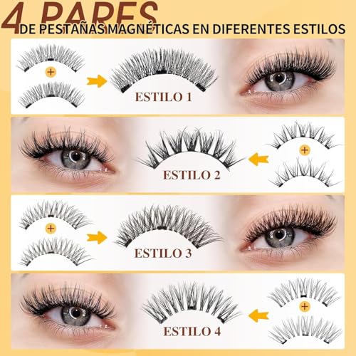 Pestañas magnéticas QUEWEL, 4 pares, reutilizables, con aplicador, sin pegamento, aspecto natural, fáciles de usar y quitar (MX-4-Pairs-CXJM-A01)
