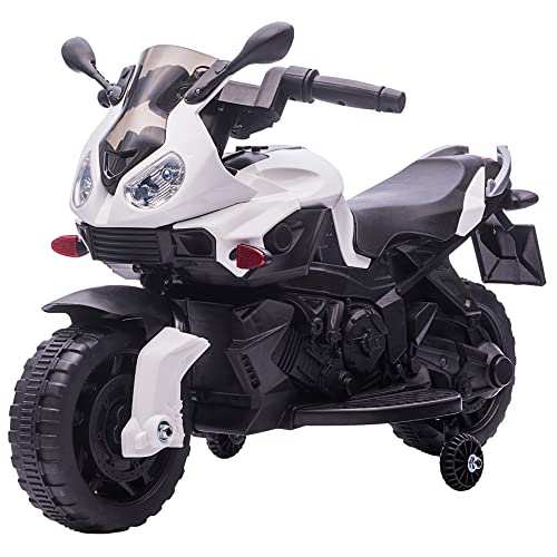 Aosom 6V Kids Motorcycle Dirt Bike Electric Battery-Powered Ride-On Toy Off-Road Street Bike for Children with Rechargeable Battery, Pedal, Horn, Headlights, and Training Wheels for Balance White