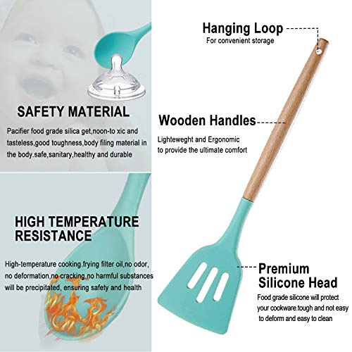 Kitchen Utensil Set, CROSDE 15pcs Cooking Utensils Set Silicone Kitchen Tools Wooden Spatula Set Cookware Turner Tongs Spatula Spoon Kitchen Gadgets with Holder - Teal - Thumbnail 2