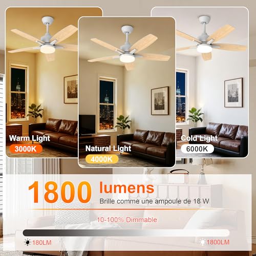 Kemoribe Ceiling Fan with Light and Remote Control, 106 cm LED Lamp Ceiling Fan Dimmable Built-In Lamp, 6 Speed, Silent Wood Effect Blades