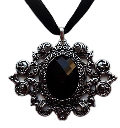 Gothic Black Ribbon Choker Antiqued Silver Pendant: Black