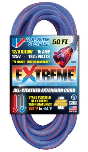 US Wire 99050 12/3 50-Foot SJEOW TPE Cold Weather Extension Cord Blue with Lighted Plug