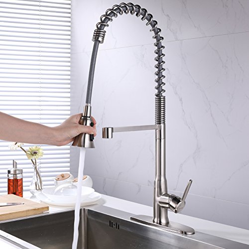 Lead Free Pull Down Kitchen Faucet With Pull Out Sprayer High Arc Single Handle Single Lever Pre-Rinse 304 Stainless Steel Spring Kitchen Sink Faucets With Deck Plate Brushed Nickel SonTiy - Thumbnail 3