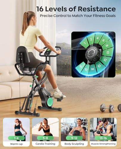 TOPUTURE Exercise Bike, 5-in-1 Folding Stationary Bike with 16-Level Magnetic Resistance, Quiet Indoor Workout Bike with LCD Monitor & APP, Folding Exercise Bike with Backrest Seat, 310 LBS Capacity