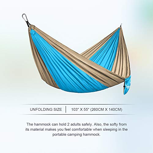 JBM Hammock Single Double Camping Lightweight Portable Parachute Hammock Outdoor Hiking Travel Backpacking - Nylon Hammock Swing - Support 400lbs with Nylon Ropes and Steel Carabiners (Blue & Yellow) - Thumbnail 6