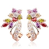 BAMOER Rose Gold Plated Flower Design Multicolor Cubic Zirconia Stud Earrings for Women Girls CZ Jewelry Multicolor CZ